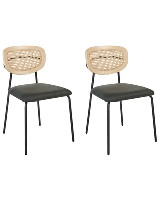Produktbild von BELIANI Esszimmerstuhl 2er Set Dunkelgrün Stoffbezug Wiener-Geflecht Rückenlehne mit Schwarzen Metallbeinen Ohne Armlehnen Boho Stuhl für Esszimmer