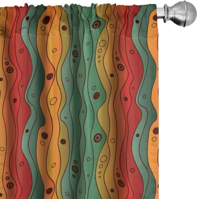Zdjęcie produktu dla ABAKUHAUS Abstrakcyjne zasłony, firanki, faliste pionowe paski, powtarzający się wzór fal i okręgów, modna grafika retro, 2 sztuki 75 x 175 cm, wielokolorowe