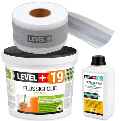 Obrázek produktu pro Hydroizolační sada Tekutá fólie 7kg Páska 5mb Základní nátěr 1L Balkon Koupelna LEVEL+ SET545
