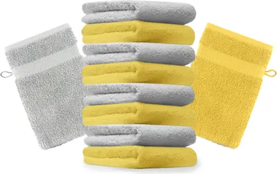 Produktbild von Betz 10 Stück Waschhandschuhe 16x21 cm PREMIUM 100% Baumwolle  Farbe: gelb und silbergrau