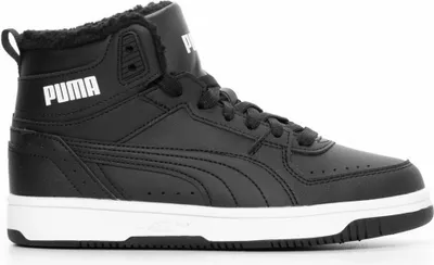 A black Puma high-top sneaker with a white sole, shown from the side against a white background.