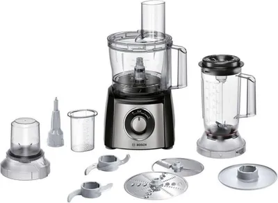 A food processor and its accessories are displayed against a white background.