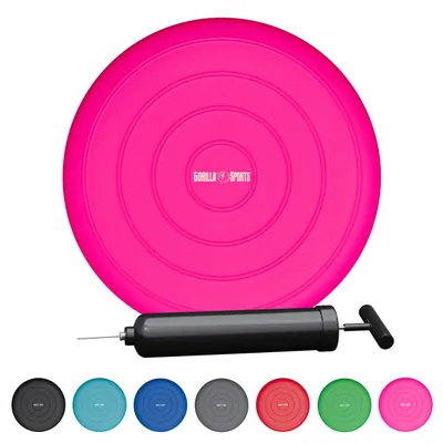 A pink balance cushion with a pump and several other colored cushions shown below.