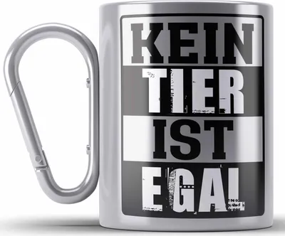 Produktbild von Trendation - Veganer Geschenk Lustige Edelstahl Tasse Karabiner Vegetarier Geschenkidee Edelstahl Tasse Karabiner Lustig für Geschenkset und Geschenkbox Kein Tier Ist Egal (Silber)