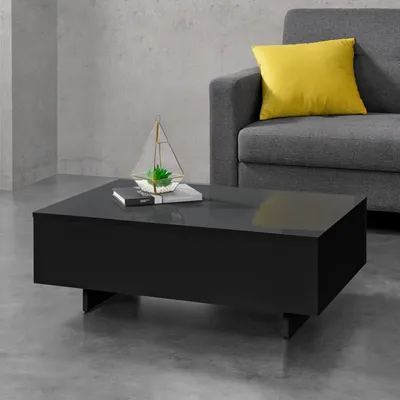 A black coffee table with a decorative terrarium and books on it, placed in front of a gray sofa with a yellow cushion. The background is a concrete wall.