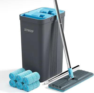 Imagen del producto de Conjunto de fregona y cubo con escurridor, 6 paños de microfibra reutilizables, mango largo, 12 litros, ideal para