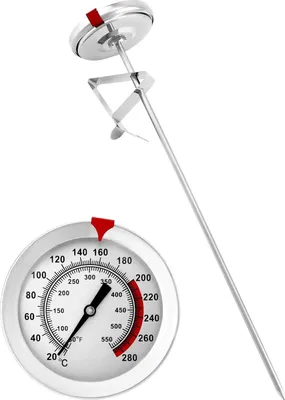 A stainless steel cooking thermometer with a dial face and a long probe.