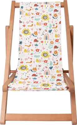 A wooden folding deck chair with a colorful fabric seat featuring a playful pattern of flowers, ladybugs, and rainbows.