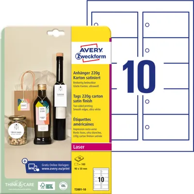 Produktbild von Avery Zweckform T2001-10 Anhänger, 90 x 50 mm, beidseitig beschichtet, 100 Stück / 10 Bogen