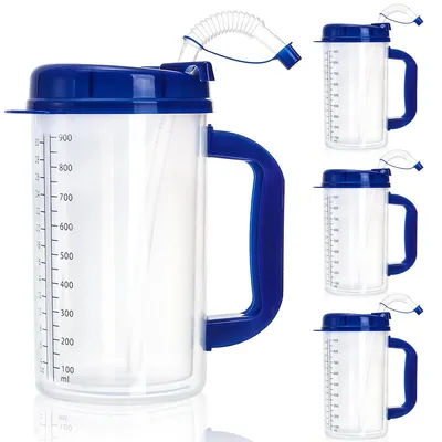 Produktbild von 4 er set Wasserbecher,Plastikbecher mit Skala 900 ml,Trinkbecher mit Henkel,Deckel & Strohhalm, wiederverwendbar, für Küche & Alltag