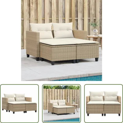A collage of images showing a beige poly rattan 2-seater sofa with cushions, placed on a patio next to a swimming pool.