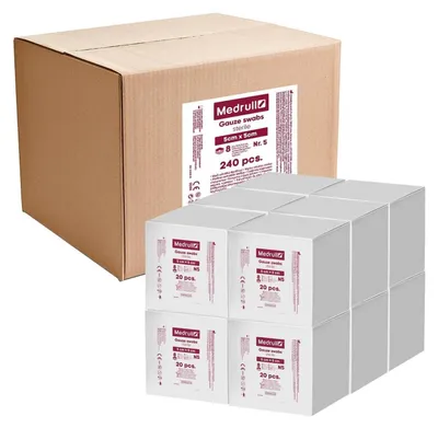 Image de Compresses stériles en gaze, 5 cm x 5 cm, 8 couches, boîte de 1200 pièces