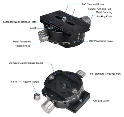 Obrázek produktu pro 60mm hliníková 360° panoramatická hlava s upínacím svorkou a rychloupínací deskou pro stativ