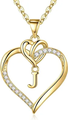 Image de TINGN Coeur Initial Collier en or 14 carats plaqué zirconium Lettres J