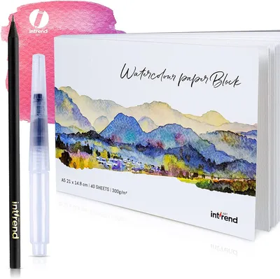 Produktbild von int!rend Aquarellpapier A5 300 g/m² 40 Seiten - Aquarellblock Malpapier mit Wassertankpinsel & Bleistift - Aquarell Papier zum Malen - Watercolor Paper Aquarell Block