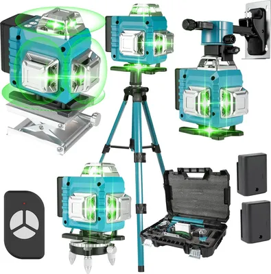 Produktbild von Grünes Laser-Nivelliergerät - 4D Kreuzlinienlaser 16 Linien - Selbstnivellierend 360° horizontal & vertikal - Mit Stativ und Kunststoffkoffer