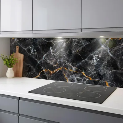 Produktbild von Küchenrückwand Marmor Schwarz Steinoptik 60x400 – monolithische ABS-Platte mit Direktdruck, Spritzschutz Küche & Bad, Fliesenspiegel