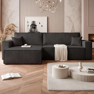 Produktbild von Ecksofa Mulri XL Poso 135 Schwarz Cord Schlaffunktion Universell Bettkasten