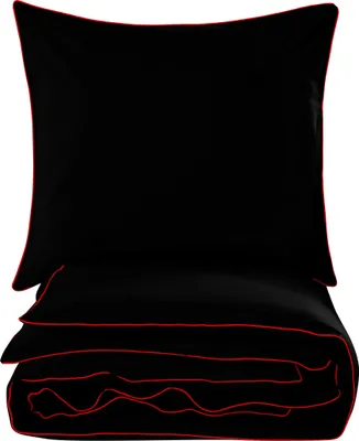 A black duvet cover and pillowcase set with red trim, neatly folded and stacked against a white background.