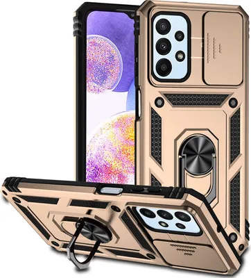 Produktbild von Galaxy A23 4G Hülle mit Schiebe Kamera Schutz und Ringhalter Ständer Robust Rüstung Schutzhülle für Samsung Galaxy A23 4G Gold