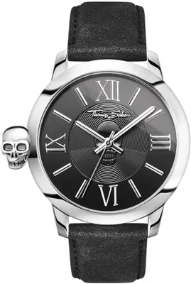 A close-up studio shot of a men's analog watch with a skull motif.