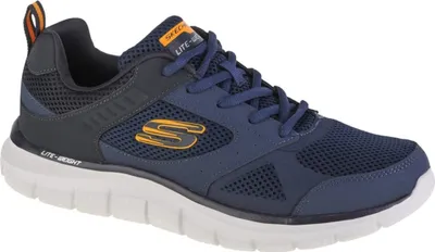 A side view of a blue Skechers athletic shoe.