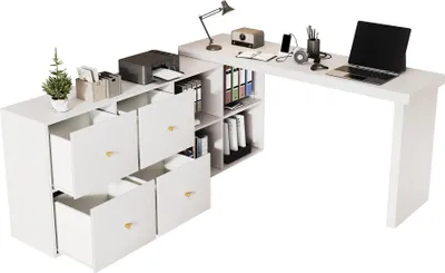 Zdjęcie produktu dla Biurko narożne AIORBER obrotowe o 360°, w kształcie litery L lub proste, 4 półki i 4 szuflady, wzmocnione MDF 4 cm, ustawione po lewej stronie, białe