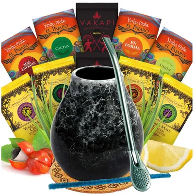 Zdjęcie produktu dla Zestaw do herbaty Yerba Mate Mate Green - Mate Green yerba mate 10x50g /500g - ceramiczny kubek do mate Marmol - Bombilla, podkładka korkowa