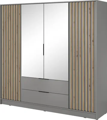 A three-door wardrobe with mirrored doors and wooden slat accents.