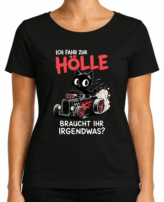 Imagen del producto de Camiseta negra para mujer con el texto "Me voy al infierno, ¿necesitas algo?", diseño de gato, sarcasmo, talla 3XL