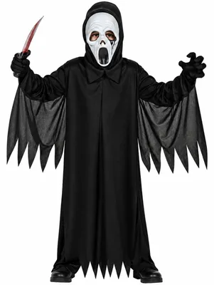 Productafbeelding van Spookachtige schaduwen, geestenverkleedpak voor een griezelig Halloween-avontuur. Nachtmaskerade met kap en tuniek voor enge figuren. Maat: 128/134. Kleur: Zwart