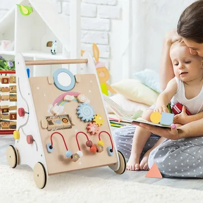 Immagine prodotto di Girello in legno 7 in 1 con tavolo da gioco, specchio, mattoncini e scatola portaoggetti