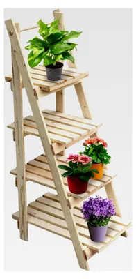 Produktbild von Pflanzleiter mit 4 Ablagen I Größe: 52,5 x 109 x 35 cm I Blumentreppe aus hellem Tannenholz I Blumenregal I Dekoleiter für Pflanzen im Garten und auf der Terrasse