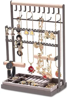 Produktbild von Schmuckständer grau mit Ablage für Ketten Armbänder Ringe