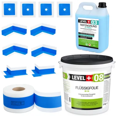 Zdjęcie produktu dla Zestaw do Hydroizolacji Folia w Płynie 25kg Taśma uszczelniająca 25mb Środek Gruntujący 5L Łazienka Prysznic Level+ SET327