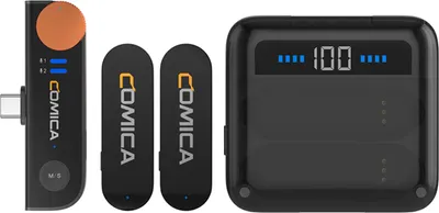 Produktbild von COMICA Vimo S-UC Kabelloses Mikrofonsystem mit 1 Empfaenger und 2 Mikrofonen, 200 m uebertragungsreichweite, integrierter Akku mit Ladehuelle, Ersatz fuer Android-Telefone, Live-Streaming, Interview, Vlog