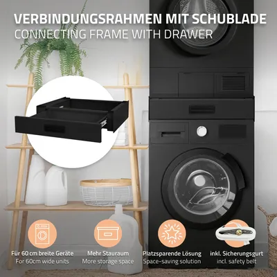Produktbild von ML-Design Zwischenbaurahmen für Waschmaschine/Trockner mit ausziehbarer Schublade, Stahl 60x55cm Schwarz rutschfest, Zwischenbausatz Verbindungsrahmen