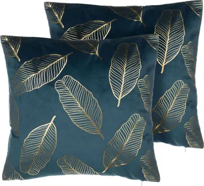 Produktbild von BELIANI Dekokissen 2er Set Blau Polsterbezug Samt 45 x 45 cm Blätter-Motiv Wohnzimmer Salon Schlafzimmer