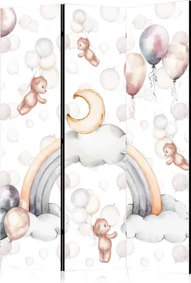 Produktbild von 3-teiliger Einseitiger Vlies Paravent - Plush Bears with Balloons - Flying Light-Brown Bears Among Balloons - Clouds - and Rainbows in Subdued - Pastel Hues 135x172 cm Für Kinder e-C-10071-z-a