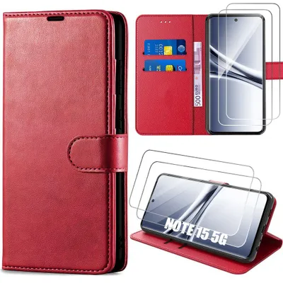 Image de Coque + 2 Verres Trempés pour Xiaomi Redmi Note 15 5G/4G, Anti-Rayures Antichoc Synthécuir - Rouge