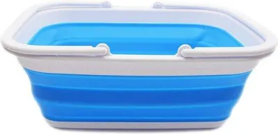 Imagen del producto de Unyqoos® Bañera plegable con asa, 9,2 L – recipiente portátil y que ahorra espacio para lavar y almacenar, color blanco/azul marino, 38,6 x 29,5 x 13,9 cm (6 cm plegada)