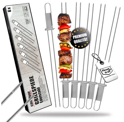 Produktbild von com-four® 6x Premium Grillspieße mit Griff, BBQ Doppelspieß aus rostfreiem Edelstahl 430, Schaschlikspiesse mit Abschieber und Doppelzinken, für Fleisch, Fisch, Gemüse