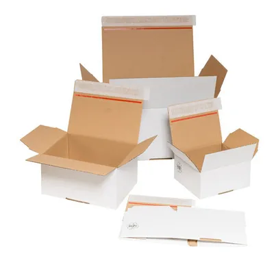 Produktbild von 10x Schnellaufrichtekarton 160x130x70mm Selbstklebeverschluss Aufreißfaden Automatikboden weiß