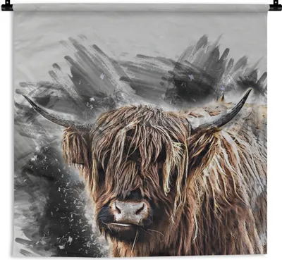 Produktbild von MuchoWow® Wandteppich Wandbehang Porträt Schottischer Highlander - Abstrakt 150x150 cm Tapisserie Dekoration Wandtuch - Wohnaccessoires - Modernes