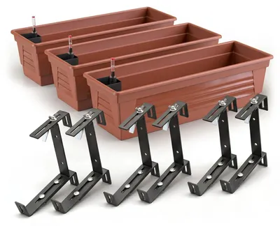 Produktbild von Plastard Blumenkasten 3er Set 80 cm selbstwässernd mit Hydroeinsatz, Wasserstandsanzeiger und Metallhalterung in Terrakotta