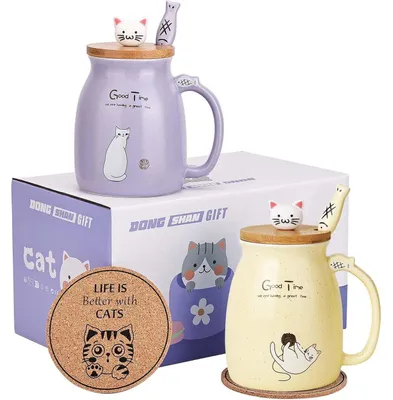 Productafbeelding van Set van 2 keramische mokken met deksel en lepel, 450 ml, paars/geel