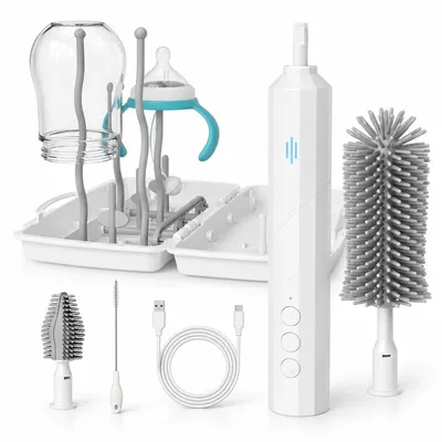Produktbild von Elektrische Flaschenbürste, Babyflaschen Reinigungsbürste Set, 3 Geschwindigkeiten, kabellos, USB-C, 3 Bürstenköpfe, Weiß