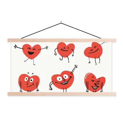 Produktbild von MuchoWow® Textilposter Eine Illustration von neun Herzen mit Emotionen 120x60 cm mit holzfarbenen Rahmen - Klemmleiste