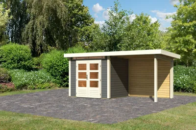 Produktbild von Karibu Gartenhaus Gerätehaus Kandern 2 im Set mit Anbaudach 2,35 m Breite und 28mm Rückwand terragrau 445x203x222 cm