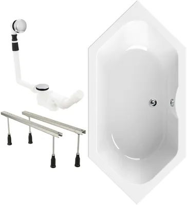 Produktbild von Calmwaters® Sechseck Badewanne Komplettset 190x90 cm, EU, mit Wannenfüßen & Ablaufgarnitur, Acrylwanne Exclusive, Duowanne für 2, Set Badewanne komplett, 6 Eck Wanne 190 x 90, Weiß